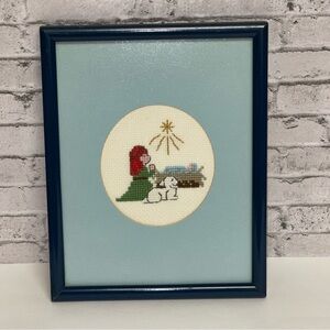 Hand Stitched Cross Stitch Nativity Scene Christmas Manger Jesus Framed Vintage